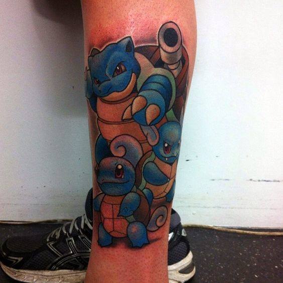 Vertical tattoo design showcasing Blastoise, Wartortle, and Squirtle stacked together in vibrant blue and tan shades.