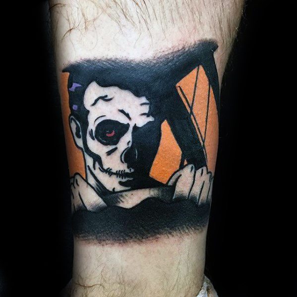 Blink-182 inspired tattoo featuring a skeleton peeking through a window with bold black and orange colors.