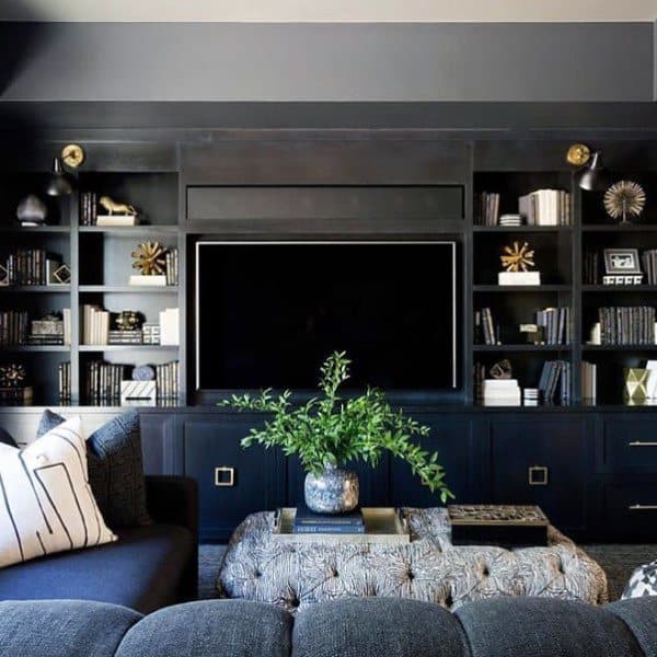 A stylish dark bookcase with modern shelving, a TV, and elegant decor, including books, sculptures, and a lush plant