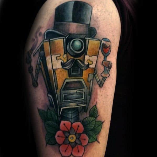 Claptrap tattoo with a top hat, mustache, and wine glass, standing above a red flower with green leaves for a whimsical, classy vibe.