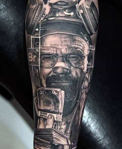Awesome Breaking Bad Themed Sleeve Tattoo On Guy
