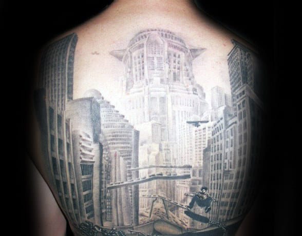 Awesome Building Mens Full Back Tattoo