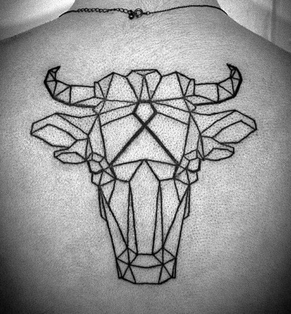 Large geometric bull head tattoo on the upper back, designed with bold black outlines and polygonal shapes for a powerful, modern look.