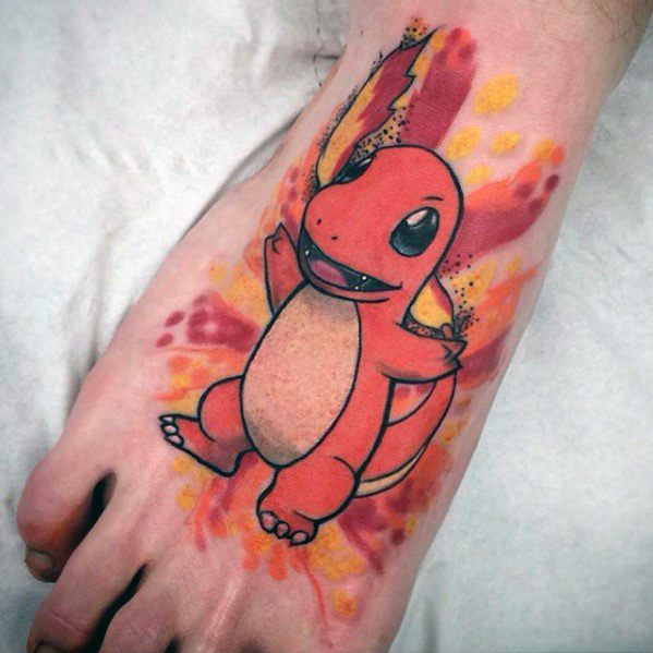 Lively Charmander tattoo on foot with open arms and fiery red-orange splash background, showcasing bold lines and vibrant energy.