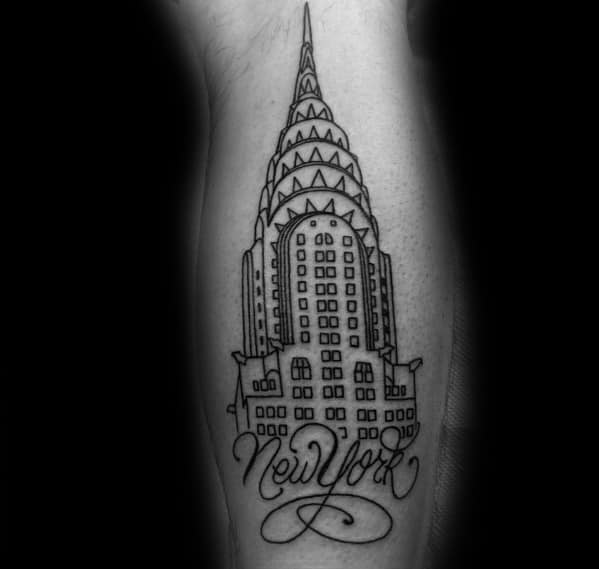 Minimalist Chrysler Building tattoo with clean black outlines and elegant "New York" script, creating a sleek and stylish design.