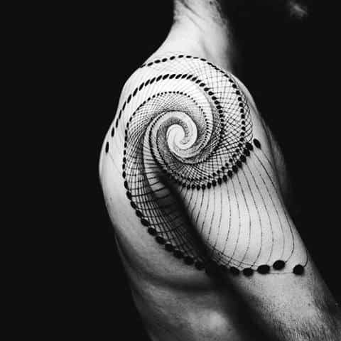 Awesome Circle Upper Arm And Shoulder Male Abstract Spiral Tattoos