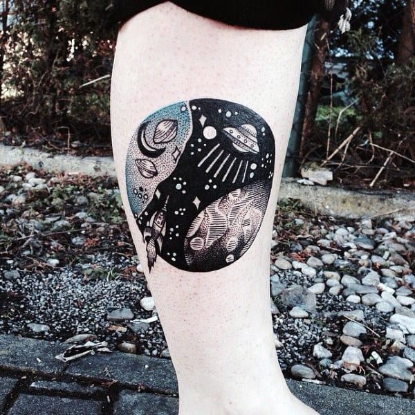 Awesome Circular Ufo Tattoo Guys Calves