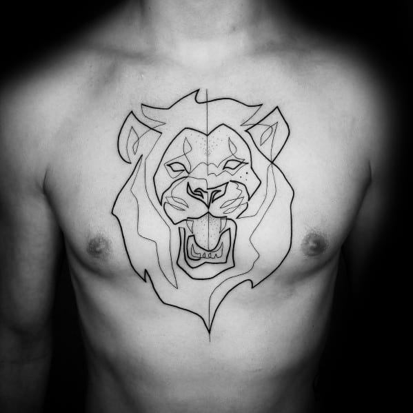 Lion continuous line tattoo on the chest, featuring a bold geometric design with an intense roaring expression for a powerful look.