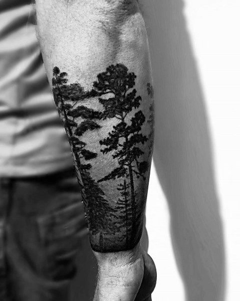 Black and grey forearm tattoo of a dense forest with tall pine trees fading into the distance, creating a realistic and immersive landscape.