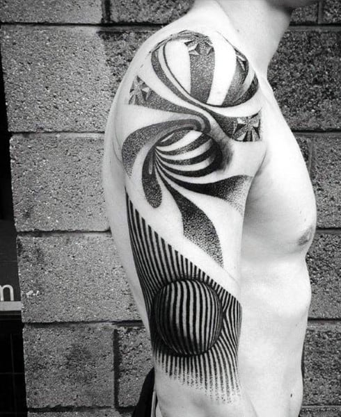 Black and grey geometric tattoo with optical illusion patterns and dotwork, symbolizing perception, movement, and abstract balance.