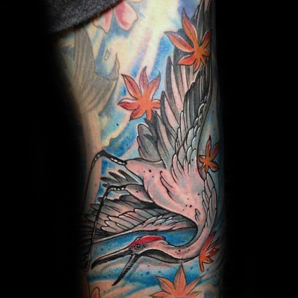 Awesome Crane Sleeve Male Tattoo Ideas