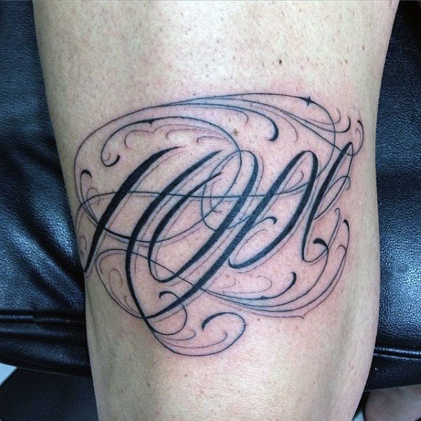 Awesome Cursrive Ornate Mens Hope Leg Thigh Tattoo For Men