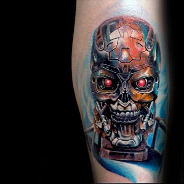 Awesome Cyborg Head Mens Terminator Leg Calf Tattoos