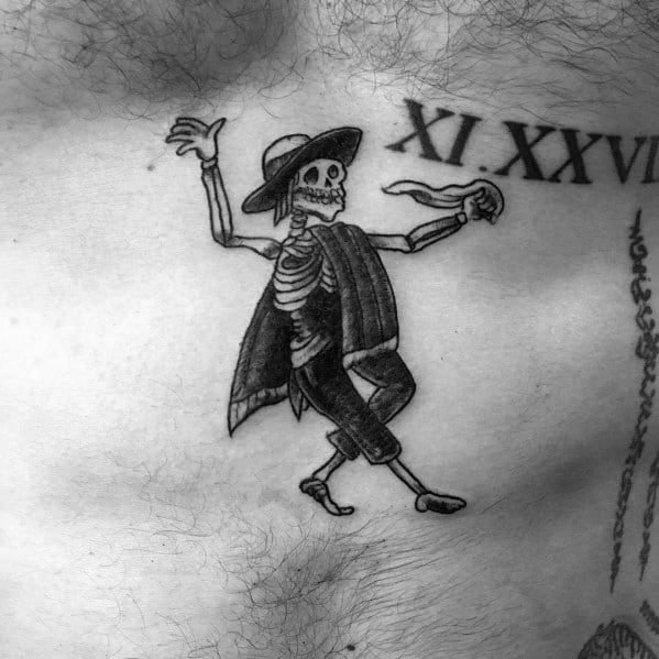 Skeleton tattoo in a dancing pose, wearing a hat and traditional outfit, holding a ribbon, creating a festive and bold aesthetic.