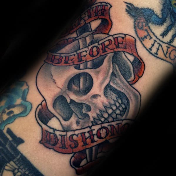 Awesome Death Before Dishonor Skull Banner Mens Arm Tattoo