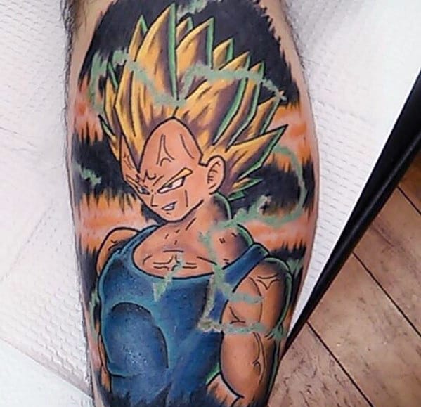 Awesome Electric Glowing Vegeta Guys Leg Tattoo Design Inspiration