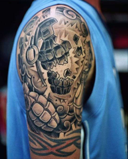 Awesome Exploding Grenade Men's Tattoo On Upper Arm