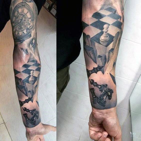 Surreal falling chess piece tattoo with 3D effect, showing a pawn above shattered black pieces and a floating chessboard.