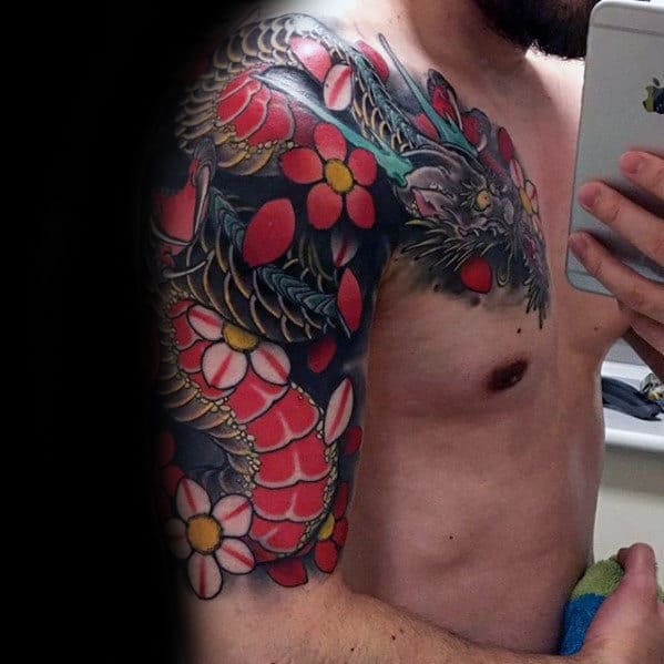 Awesome Floral Dragon Guys Half Sleeve Tattoo Inspiration