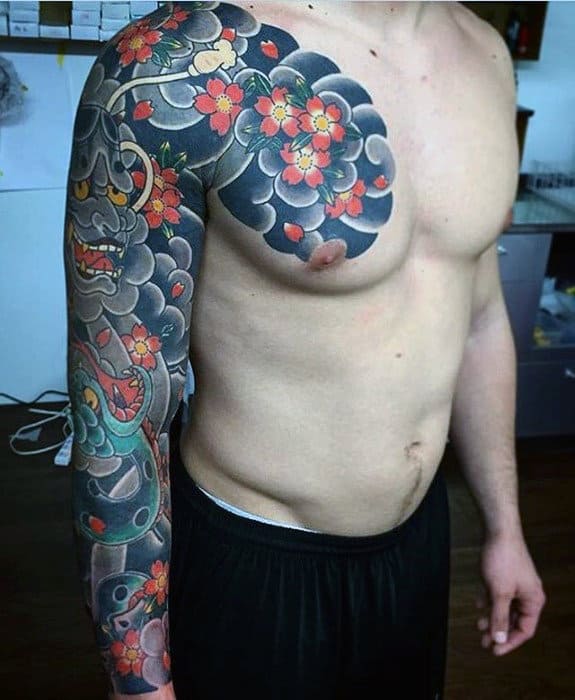 Awesome Flower Cloud Sleeve Guys Japanese Tattoo Designs