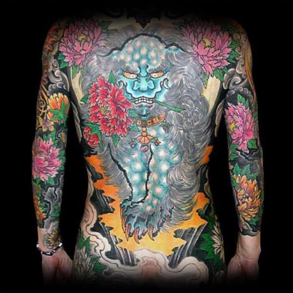 Awesome Foo Dog Guys Full Back Tattoo Inspiration