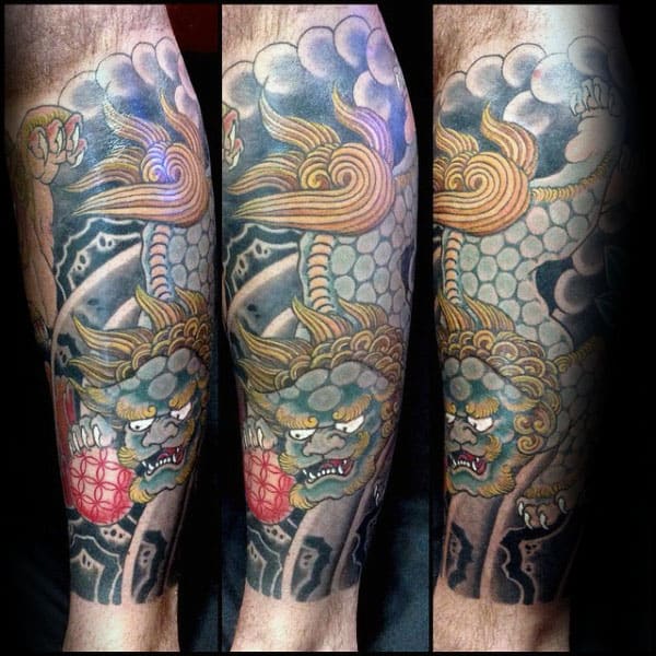 Awesome Foo Dog Mens Leg Sleeve Tattoo Ideas