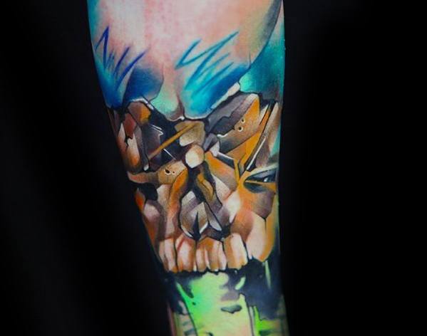 Awesome Forearm Colorful Watercolor Skull Tattoos For Men