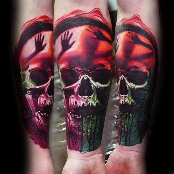 Surreal skull tattoo with vivid red and green tones, shadowy hands reaching above, and eerie forest details at the bottom.