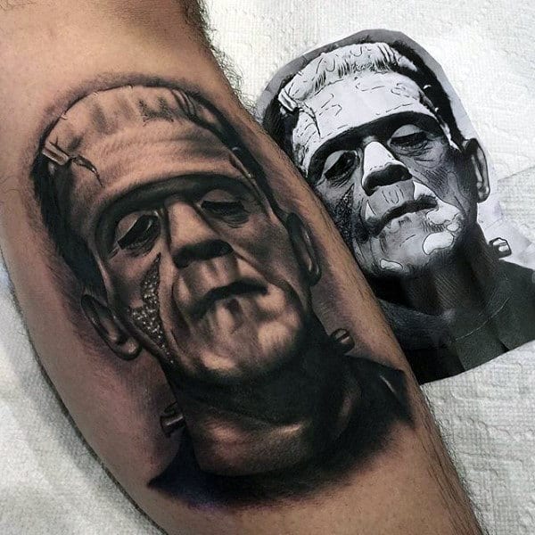 Awesome Frankenstein Black And Grey Ink Shaded Mens Leg Calf Tattoos