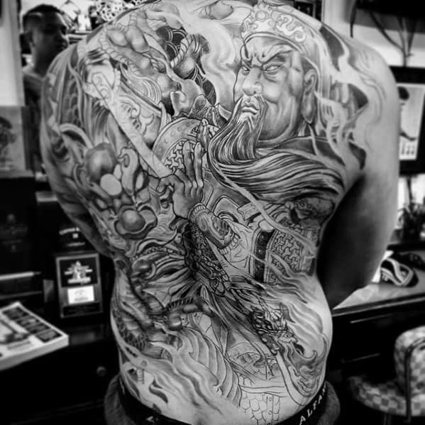 Awesome Full Shaded Black And Grey Back Tattoos For Gentlemen