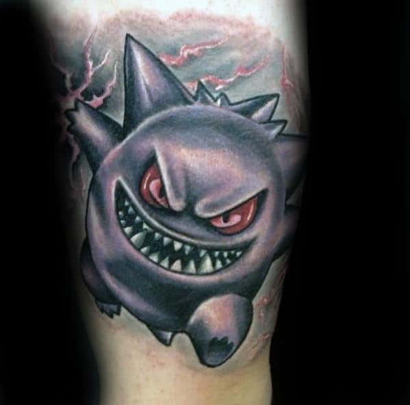 Dark and intense Gengar tattoo with glowing red eyes, sharp fangs, and stormy background details for a menacing look.