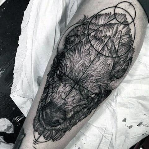 Awesome Geometric Bison Mens Leg Tattoos