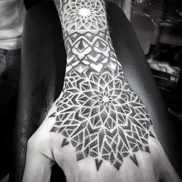 Awesome Geometric Flower Dotwok Hand Tattoos For Men