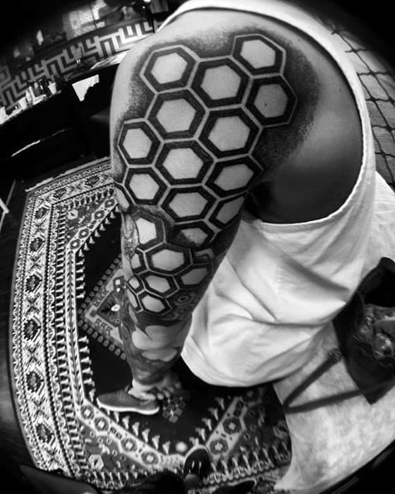 Awesome Geometric Honeycomb Negative Space Guys Sleeve Tattoo Ideas