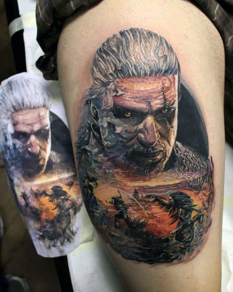 Geralt tattoo with a fierce expression, battle scars, and a vivid battlefield scene below, depicting warriors clashing at sunset.