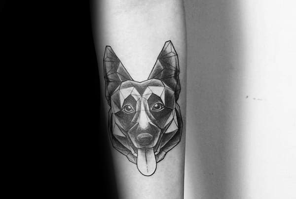 Awesome German Shepherd With Tounge Sticking Out Mens Geometrical Forearm Tattoo