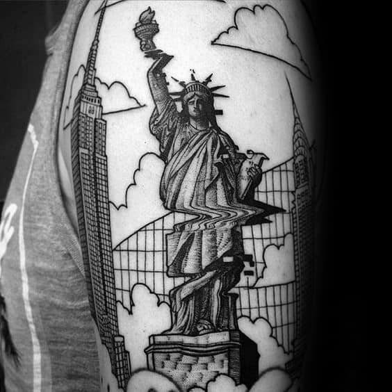 Glitch tattoo of the Statue of Liberty with distorted horizontal lines, set against a detailed NYC skyline and cloud backdrop