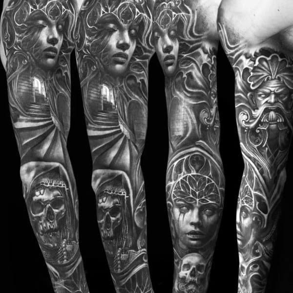 Gothic sleeve tattoo featuring eerie female faces, skulls, staircases, and intricate patterns in black and grey realism style.