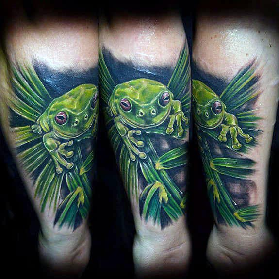Awesome Green Leaf With Green Frog Mens Inner Forearm Tattoos