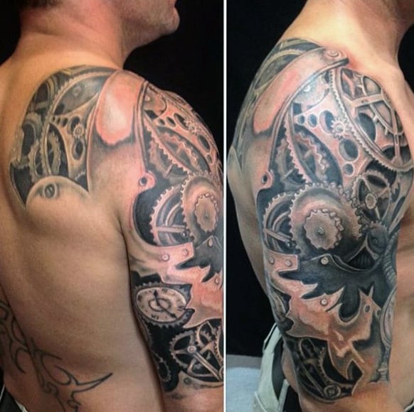 Awesome Grey Shaded Steampunk Tattoo Mens Shoulder