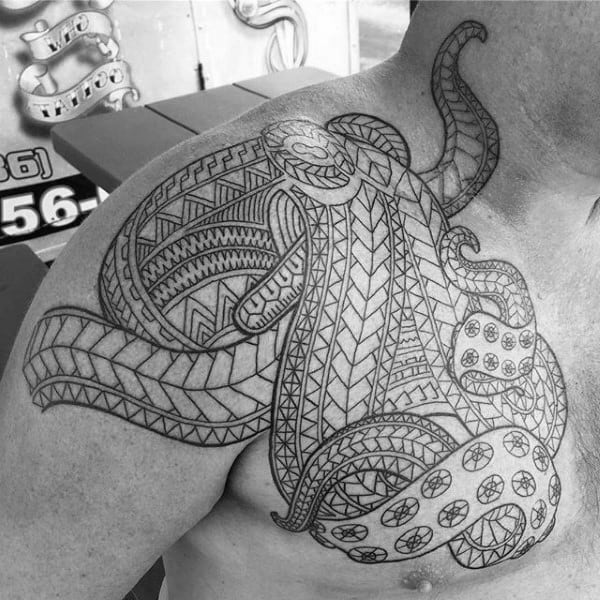 Awesome Guy Polynesian Chest Tattoo Designs