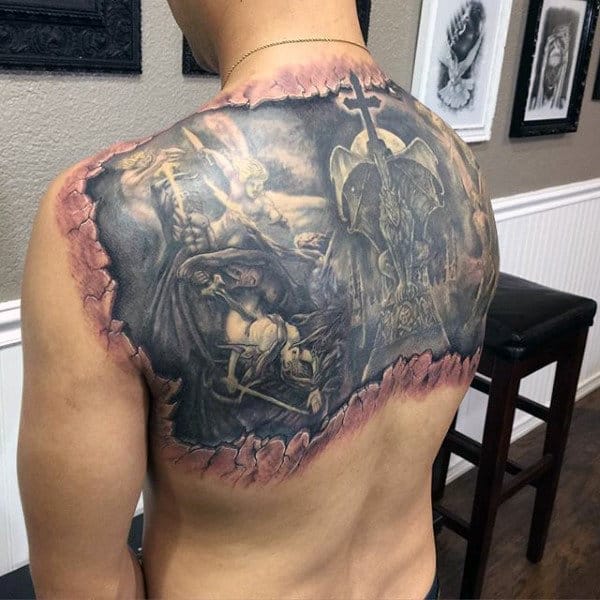 Awesome Guys Broken Stone Gargoyle Upper Back Tattoos