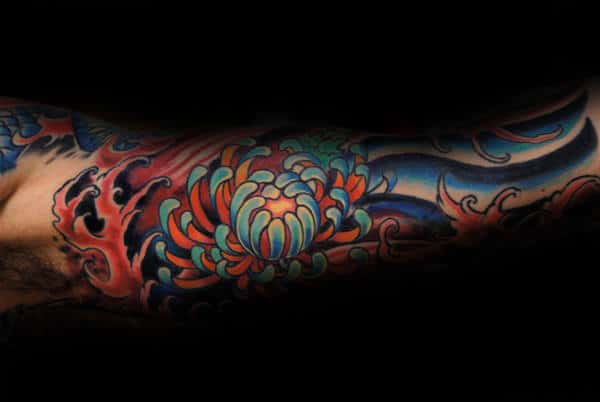 Awesome Guys Chrysanthemum Half Sleeve Flower Tattoo Inspiration