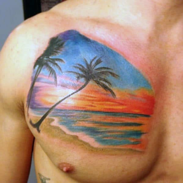 Awesome Guys Clouds Sunset Beach Landscape Chest Tattoo