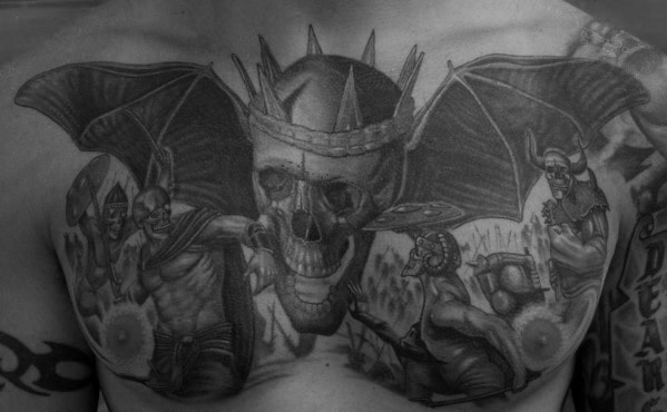 Awesome Guys Deathbat Themed 3d Tattoo On Upper Chest