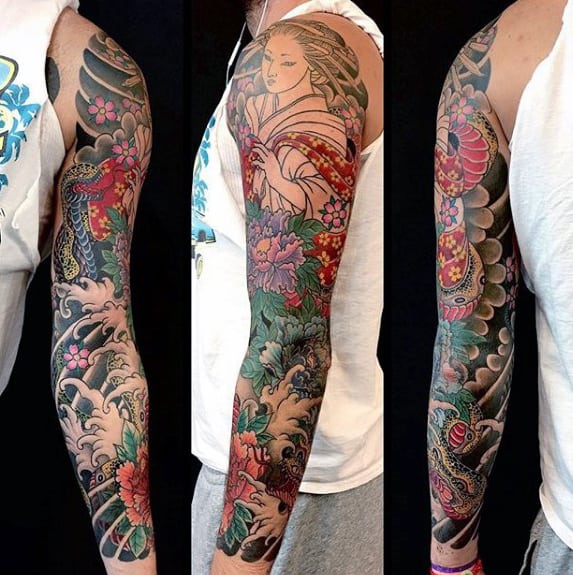 Awesome Guys Full Sleeve Japanese Flower Tattoo Ideas