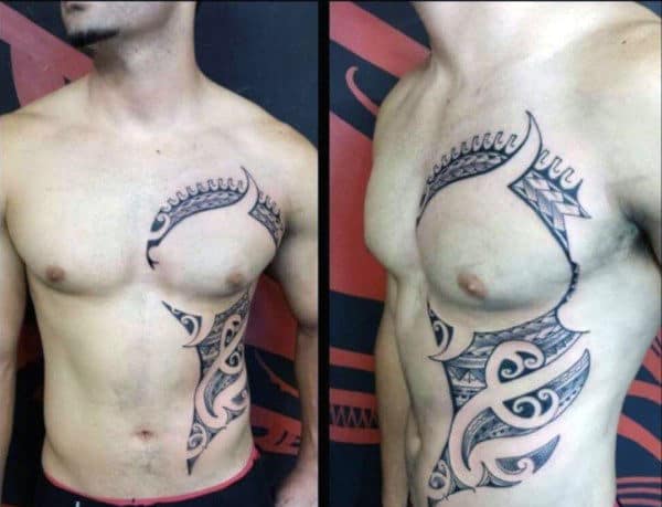 Awesome Guys Hawaiian Tribal Rib Cage Side Of Body Tattoos