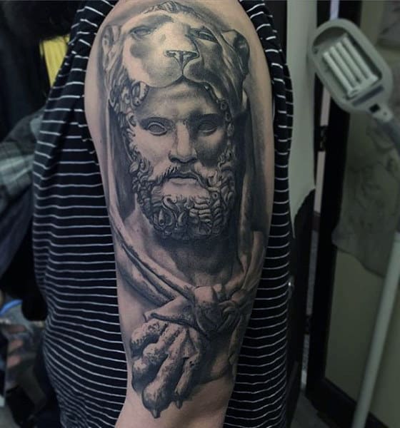 Awesome Guys Hercules Upepr Arm Tattoo With Shaded Ink 3d Design