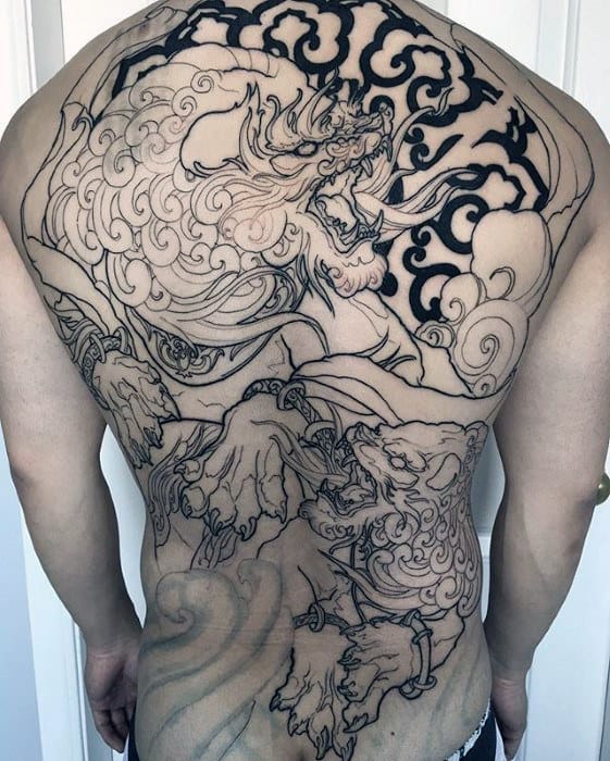 Awesome Guys Japanese Fu Dog Back Tattoo
