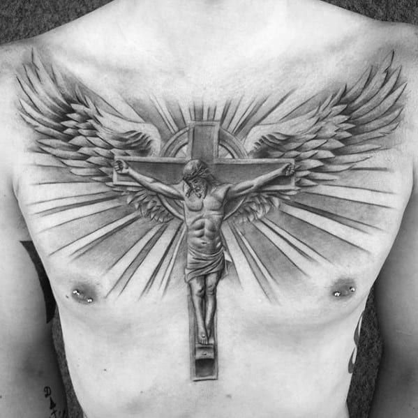 Awesome Guys Jesus Christ On Cross With Wings And Sun Rays Chest Tattoo